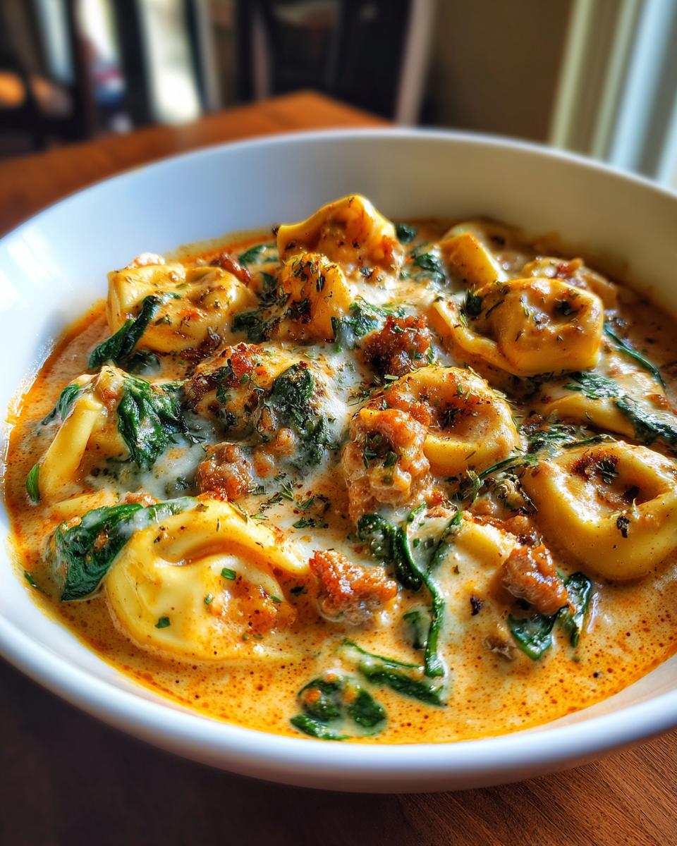Close-up of a white bowl filled with rich, creamy tortellini soup featuring spinach and sausage.