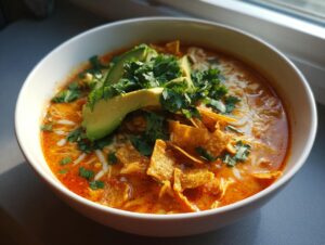 A vibrant bowl of creamy, orange-red tortilla soup topped with avocado slices, shredded cheese, cilantro, and tortilla chips.