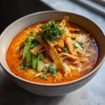 A vibrant bowl of creamy, orange-red tortilla soup topped with avocado, crispy tortilla strips, and cilantro.