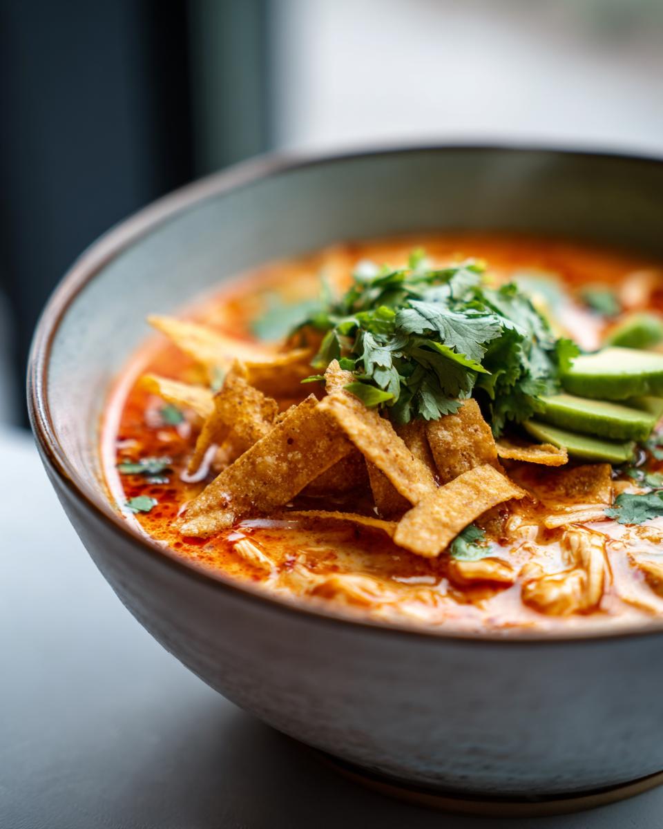 Close-up of a rich, creamy tortilla soup topped with crispy tortilla strips, fresh cilantro, and avocado slices.