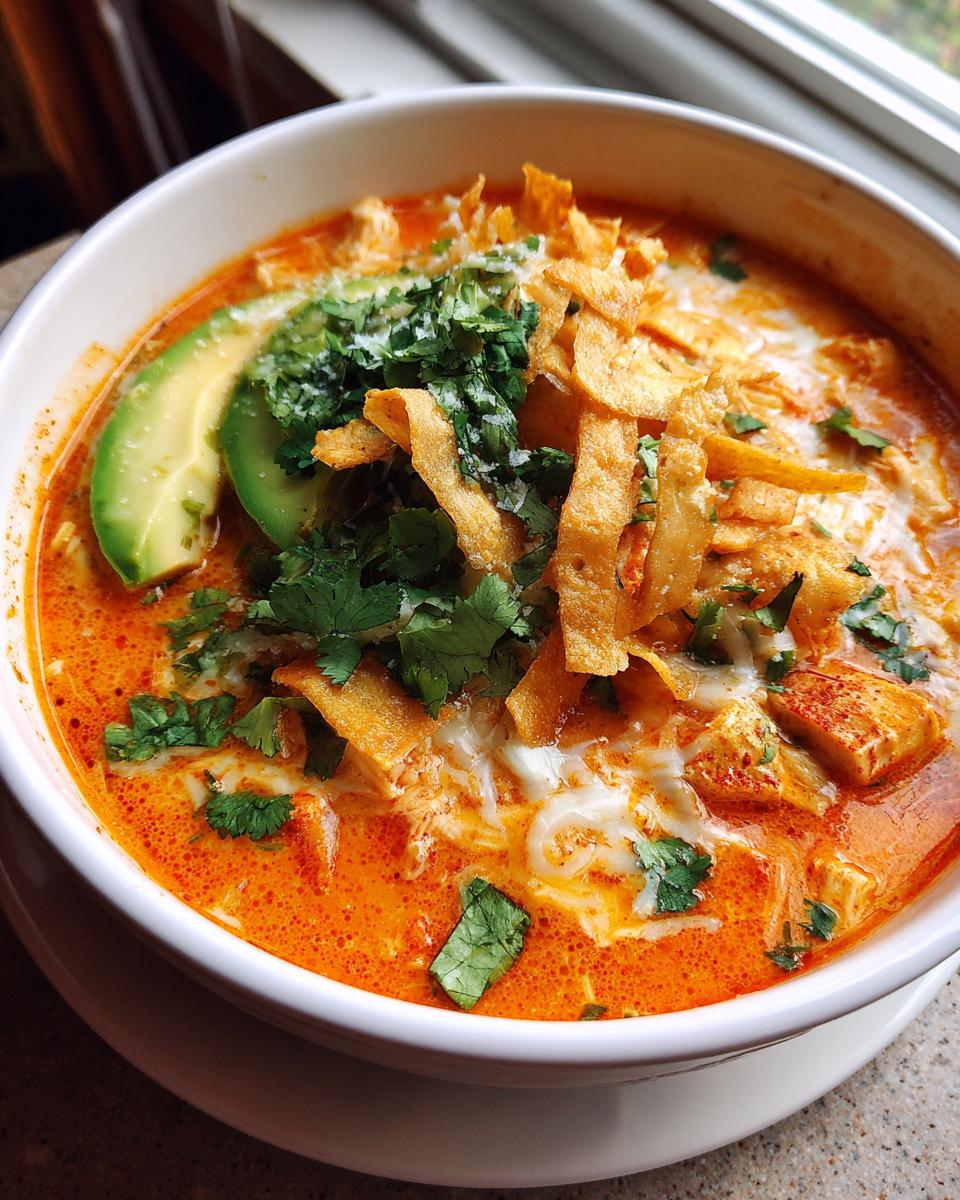 A close-up of a rich, orange-red bowl of tortilla soup topped with avocado, cilantro, cheese, and crispy tortilla strips.