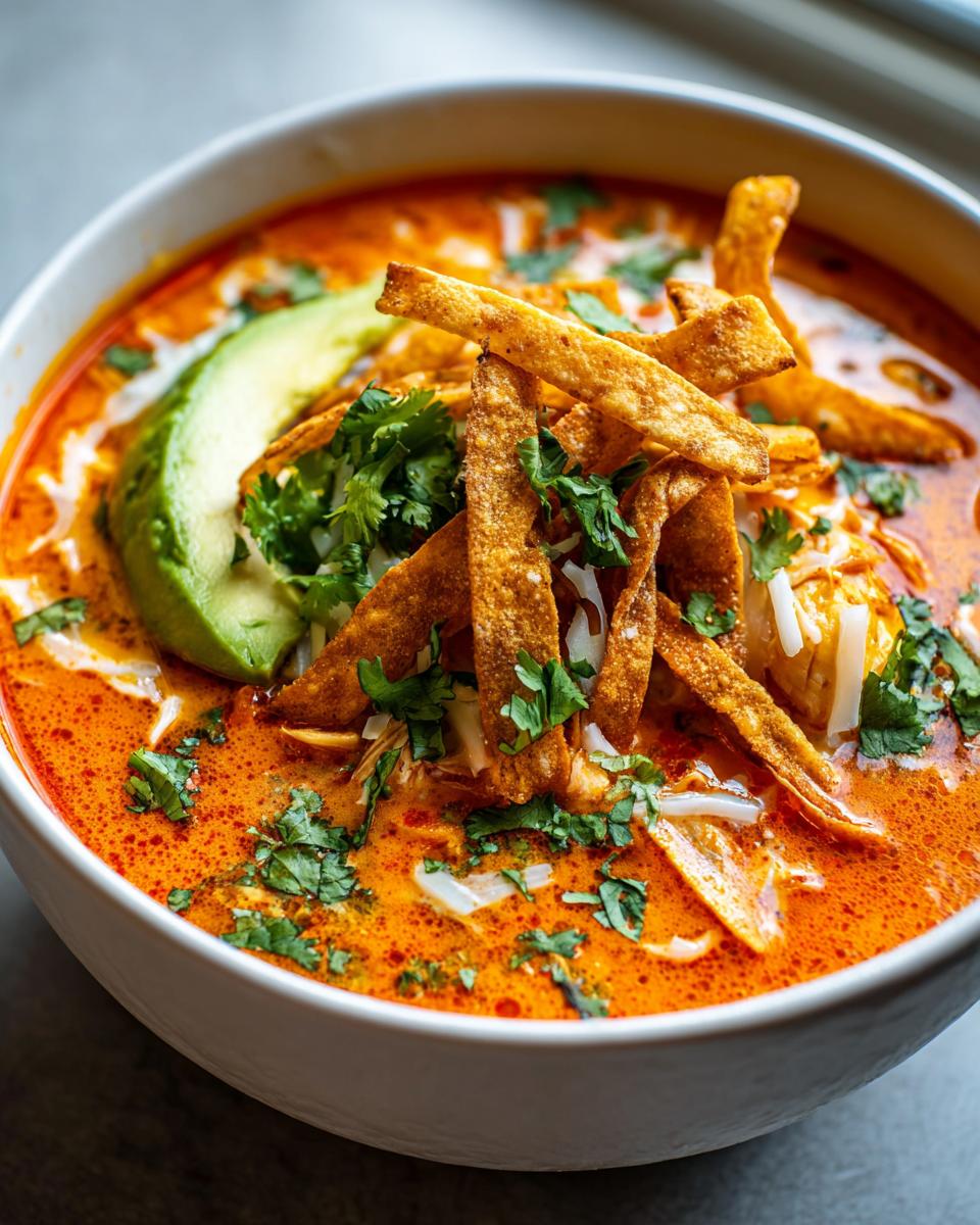 A close-up of a rich, orange-red bowl of tortilla soup garnished with crispy tortilla strips, avocado, and cilantro.