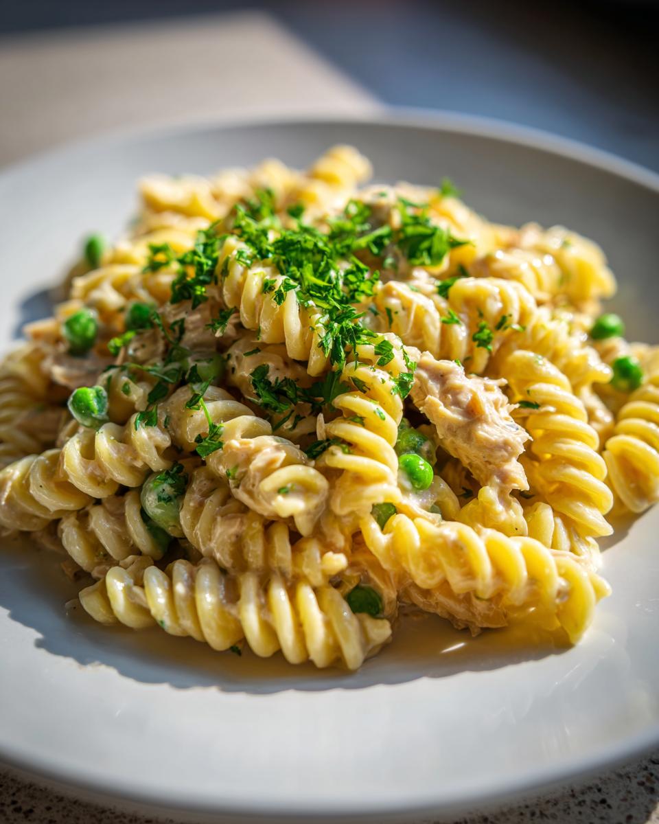 Close-up of creamy tuna pasta made with fusilli, green peas, and topped with fresh chopped parsley.