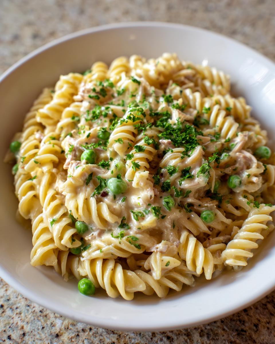 Close-up of creamy tuna pasta made with rotini, green peas, and topped with fresh chopped parsley.