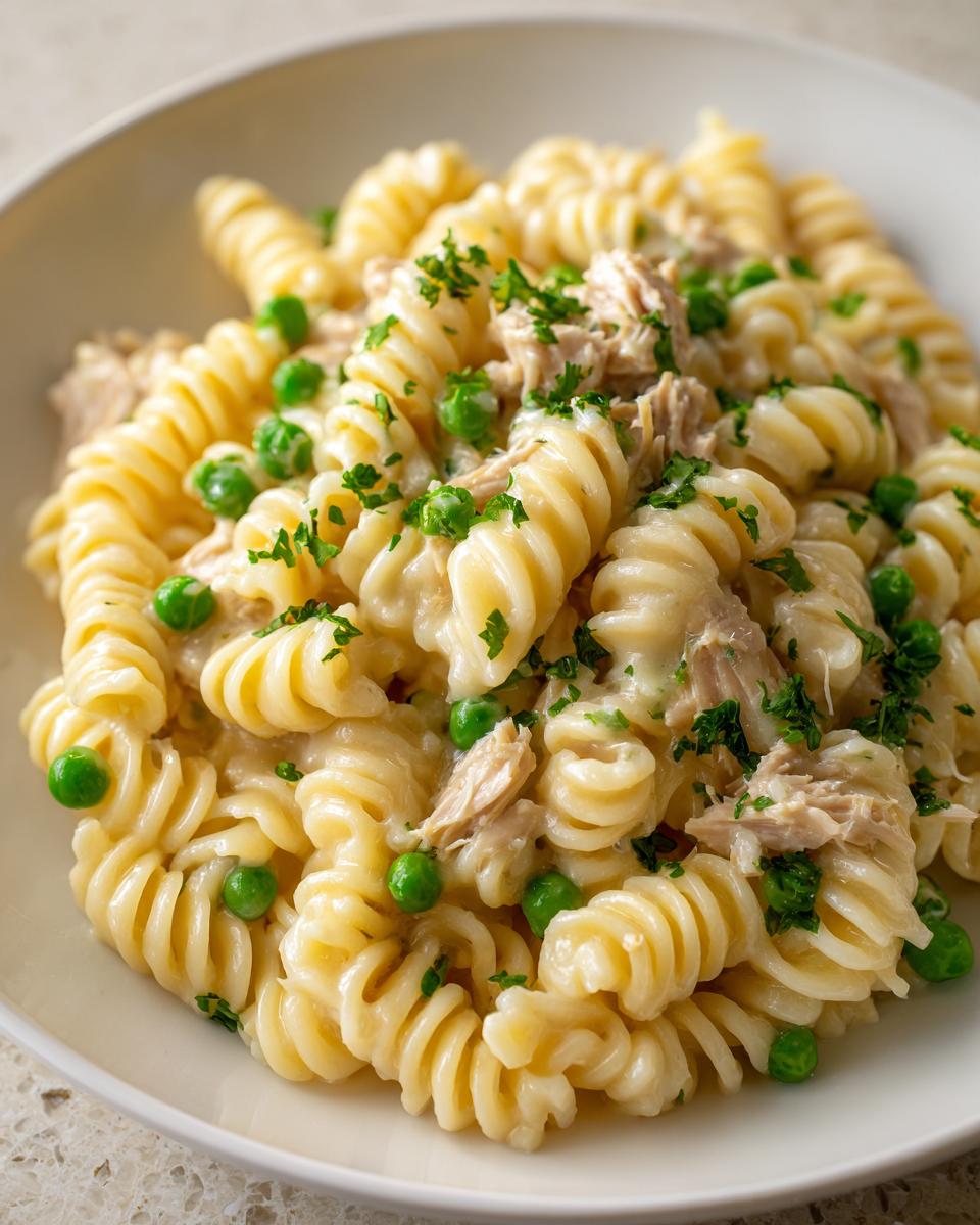 Close-up of creamy tuna pasta made with fusilli, green peas, and fresh parsley garnish.