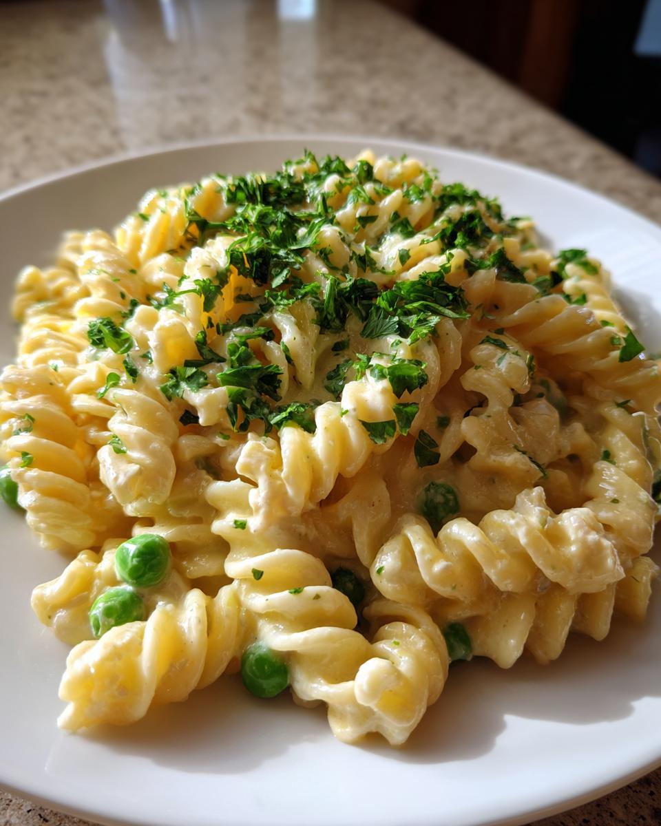 A close-up of creamy tuna pasta made with rotini noodles, green peas, topped with fresh chopped parsley.
