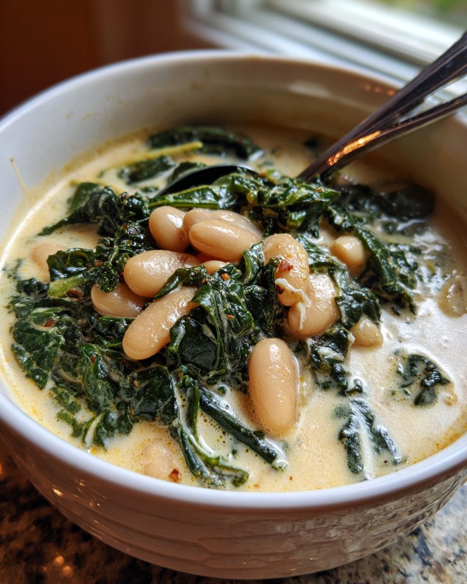 Close-up of a white bowl filled with creamy tuscan white bean soup, featuring cannellini beans and wilted kale.