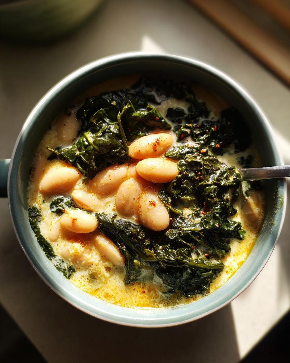 Overhead view of creamy tuscan white bean soup topped with dark green kale and white beans, seasoned with red pepper flakes.