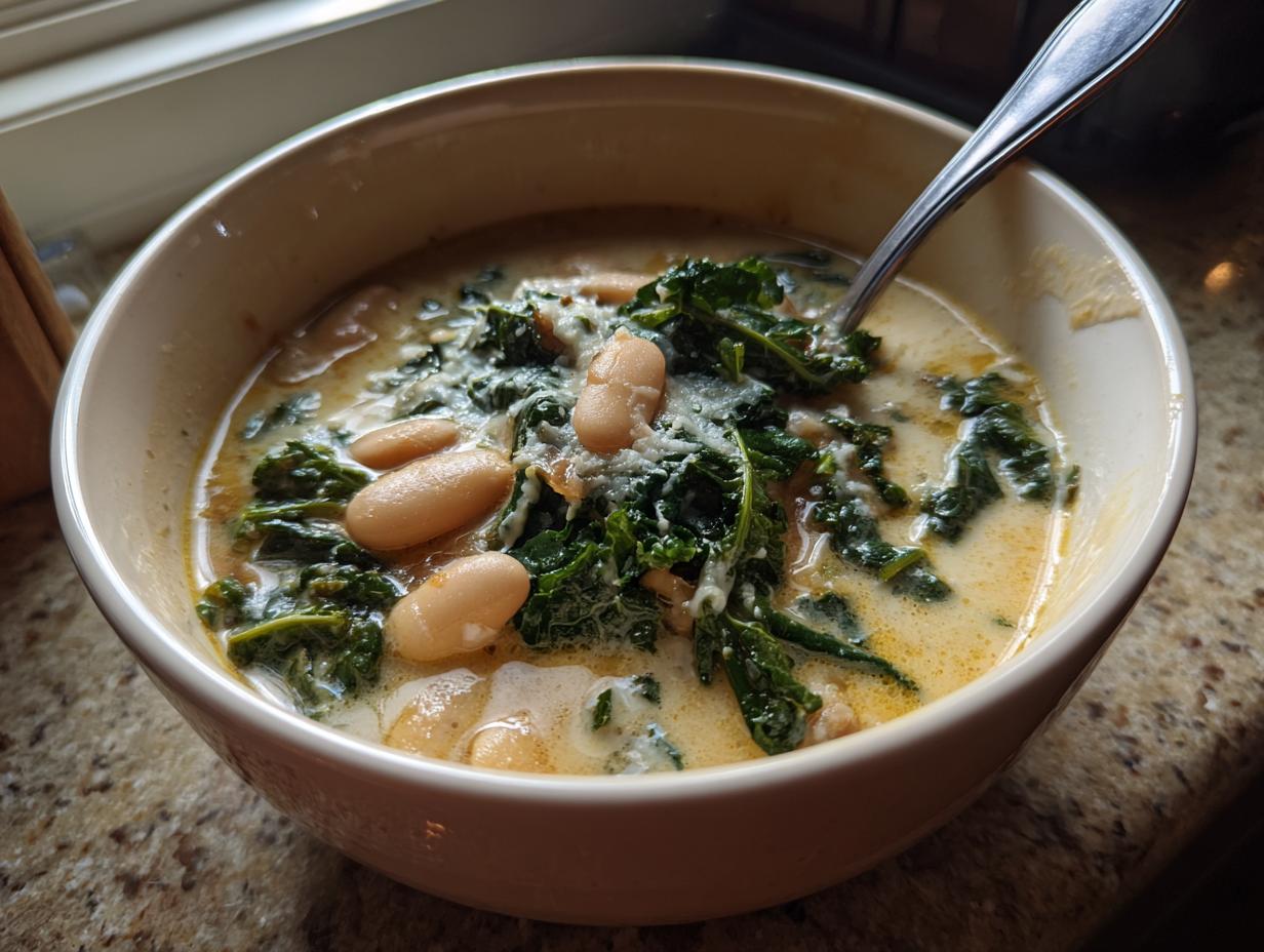 A close-up of a bowl of creamy tuscan white bean soup featuring cannellini beans and dark green kale.