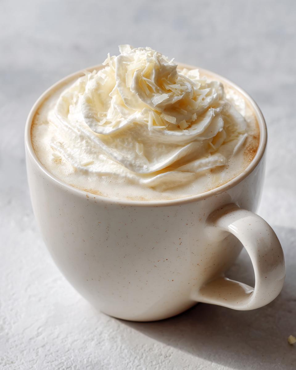 Close-up of a mug filled with rich white hot chocolate topped with generous whipped cream and white chocolate shavings.