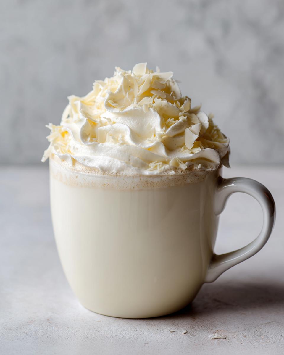 A creamy mug of white hot chocolate topped with whipped cream and white chocolate shavings.