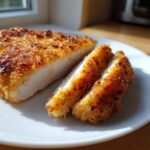 Close-up of perfectly cooked, golden-brown breaded air fryer chicken, sliced to show the juicy white interior.