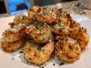 A close-up of crispy, golden-brown air fryer shrimp seasoned with herbs and grated Parmesan cheese on a white plate.