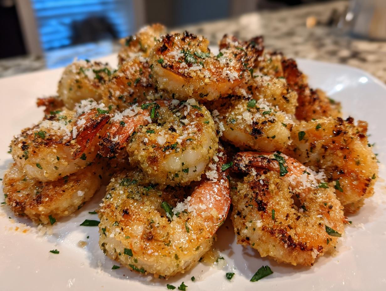 A close-up of crispy, golden-brown air fryer shrimp seasoned with herbs and grated Parmesan cheese on a white plate.