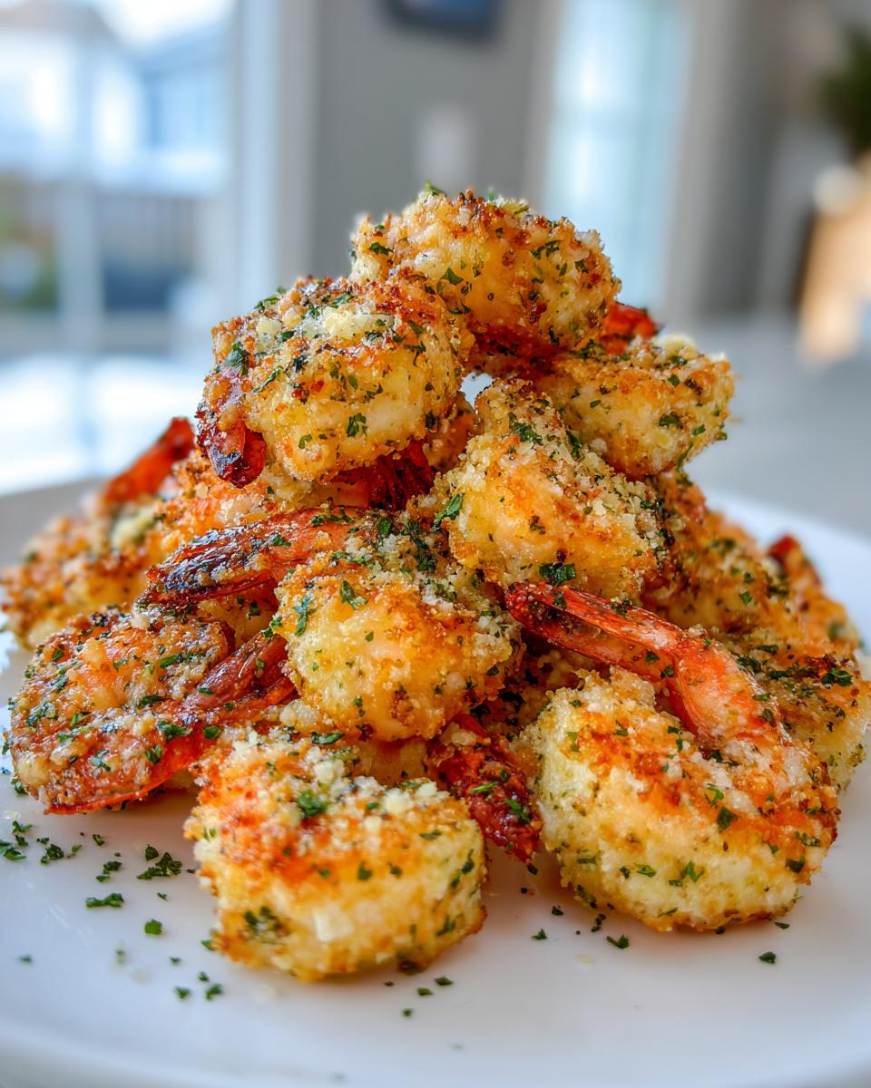 A mound of golden, crispy breaded air fryer shrimp seasoned with herbs, served on a white plate.