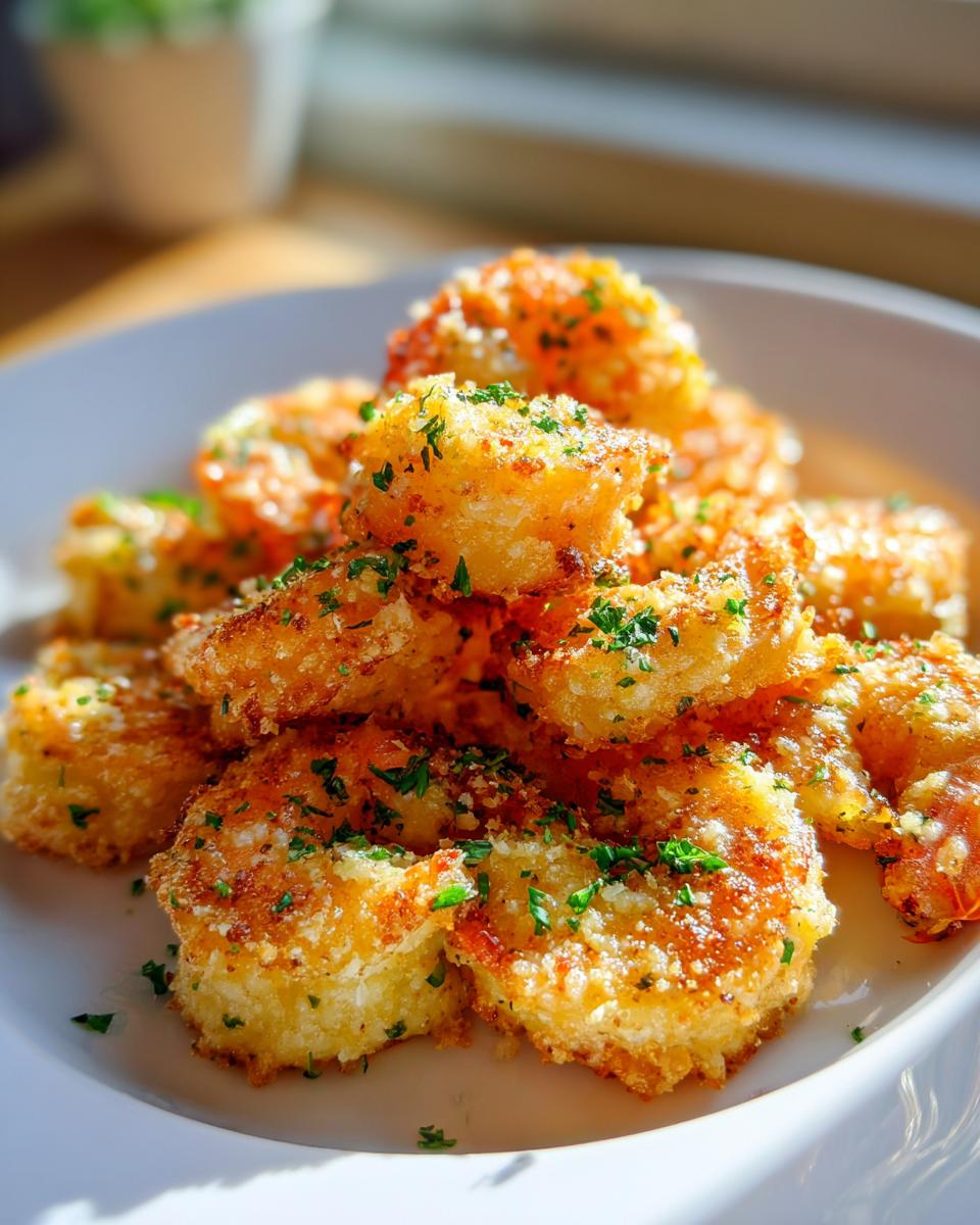 Close-up of a pile of golden, crispy air fryer shrimp dusted with Parmesan and parsley.