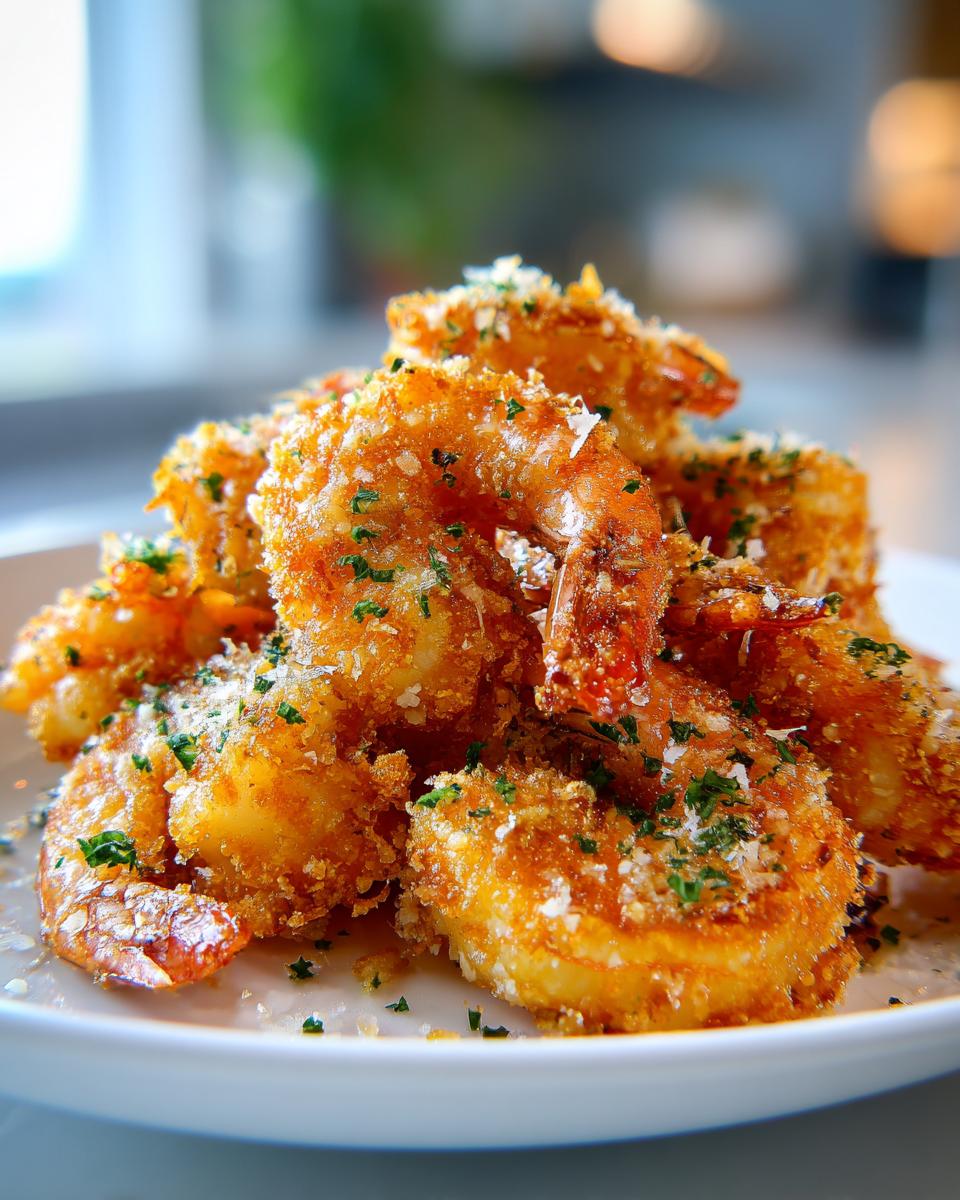 A close-up of a pile of golden, crispy breaded air fryer shrimp, garnished with Parmesan cheese and parsley.