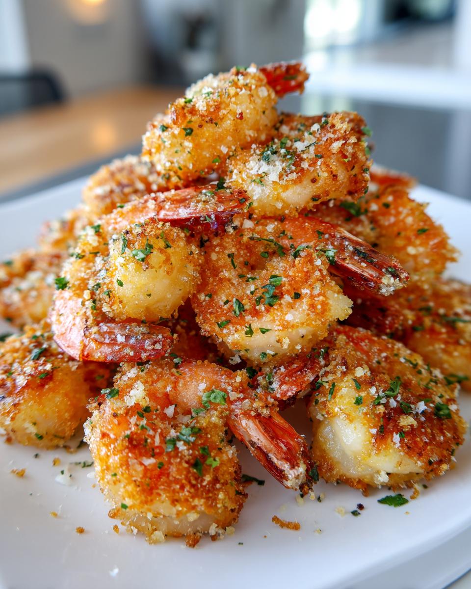A tall stack of crispy, golden-brown air fryer shrimp coated in breading and sprinkled with parsley.