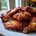 A close-up of a pile of golden brown, crispy baked chicken wings on a white plate.