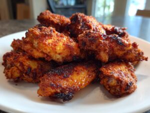 A close-up of a pile of perfectly cooked, crispy baked chicken wings seasoned with spices.