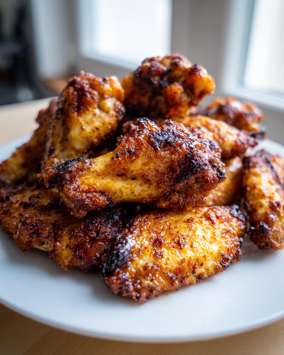 A close-up of a pile of golden brown, crispy baked chicken wings seasoned with spices, served on a white plate.