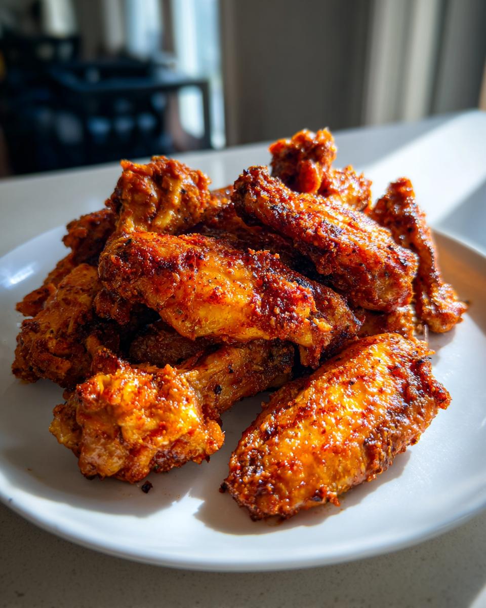 A pile of golden brown, seasoned crispy baked chicken wings served on a white plate.