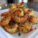 A close-up of crispy, golden breaded air fryer shrimp piled high on a white square plate, garnished with fresh parsley.