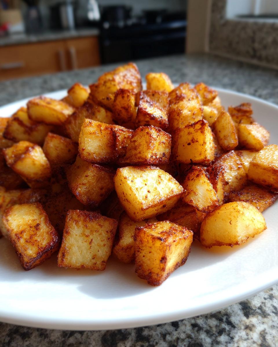 A pile of golden brown, crispy seasoned breakfast potatoes served on a white plate.