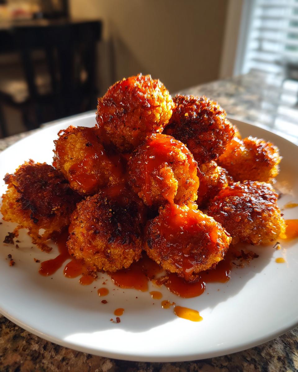 A close-up of crispy, deep-fried buffalo cauliflower bites generously drizzled with spicy orange sauce.