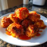 Close-up of crispy, breaded buffalo cauliflower bites generously drizzled with bright orange buffalo sauce on a white plate.