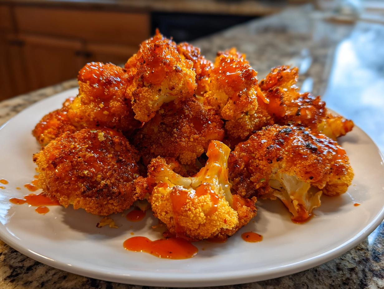 A close-up of crispy, saucy buffalo cauliflower bites piled high on a white plate.