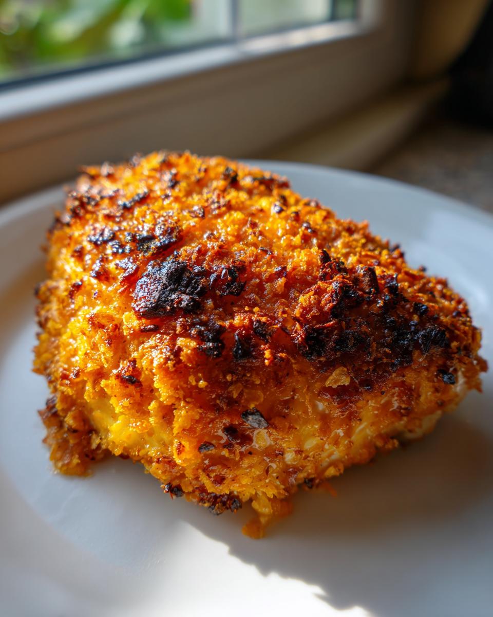 A close-up of a golden brown, extra crispy cheddar chicken breast resting on a white plate.