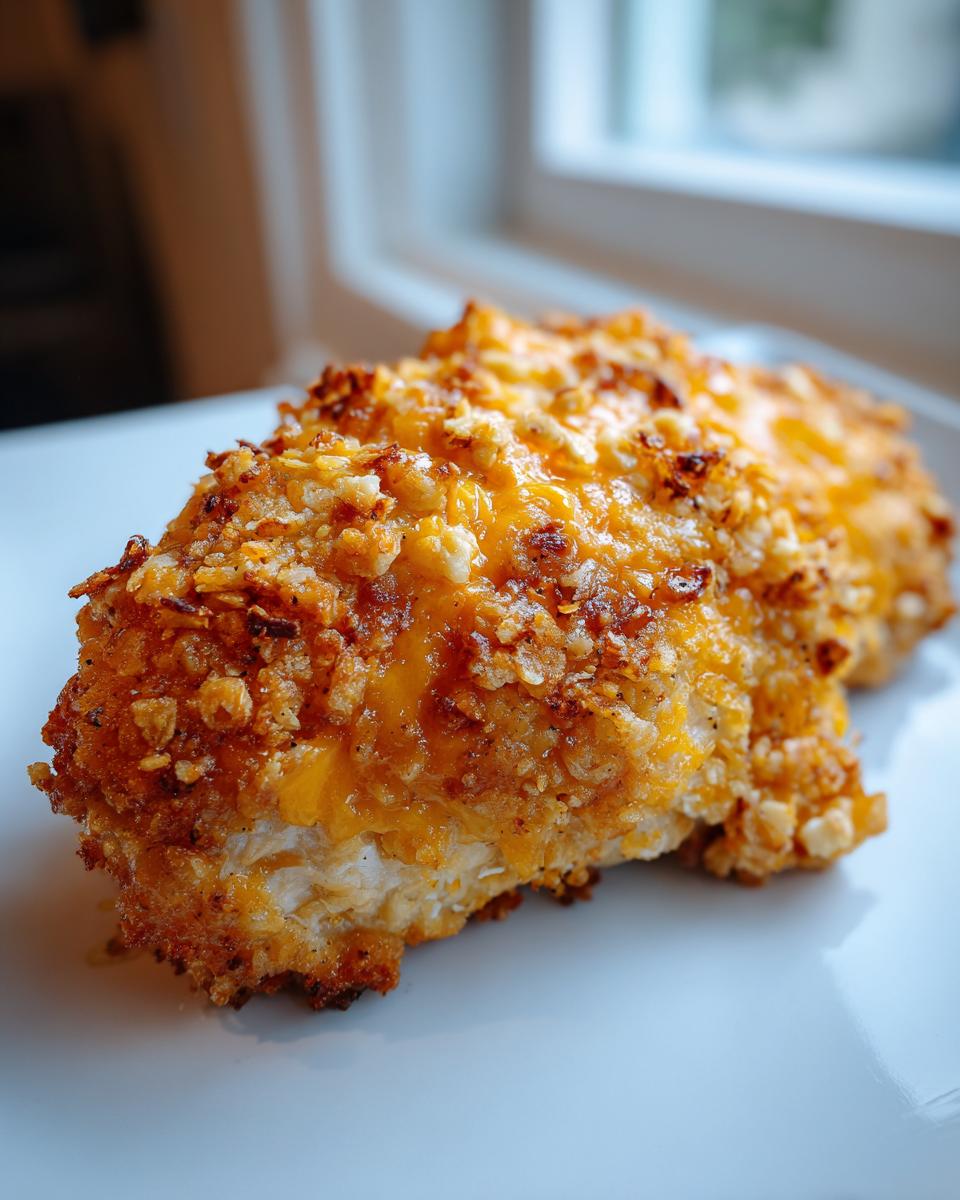 A close-up of a baked crispy cheddar chicken breast with a golden, crunchy topping.