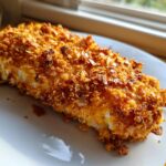 A close-up of a perfectly baked crispy cheddar chicken fillet with a crunchy, golden-brown coating.