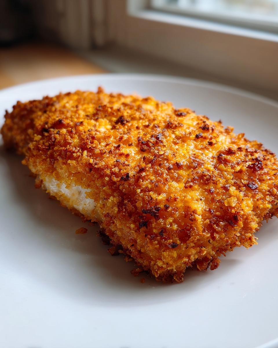 A golden brown, perfectly baked or fried fillet of crispy cheddar chicken on a white plate.