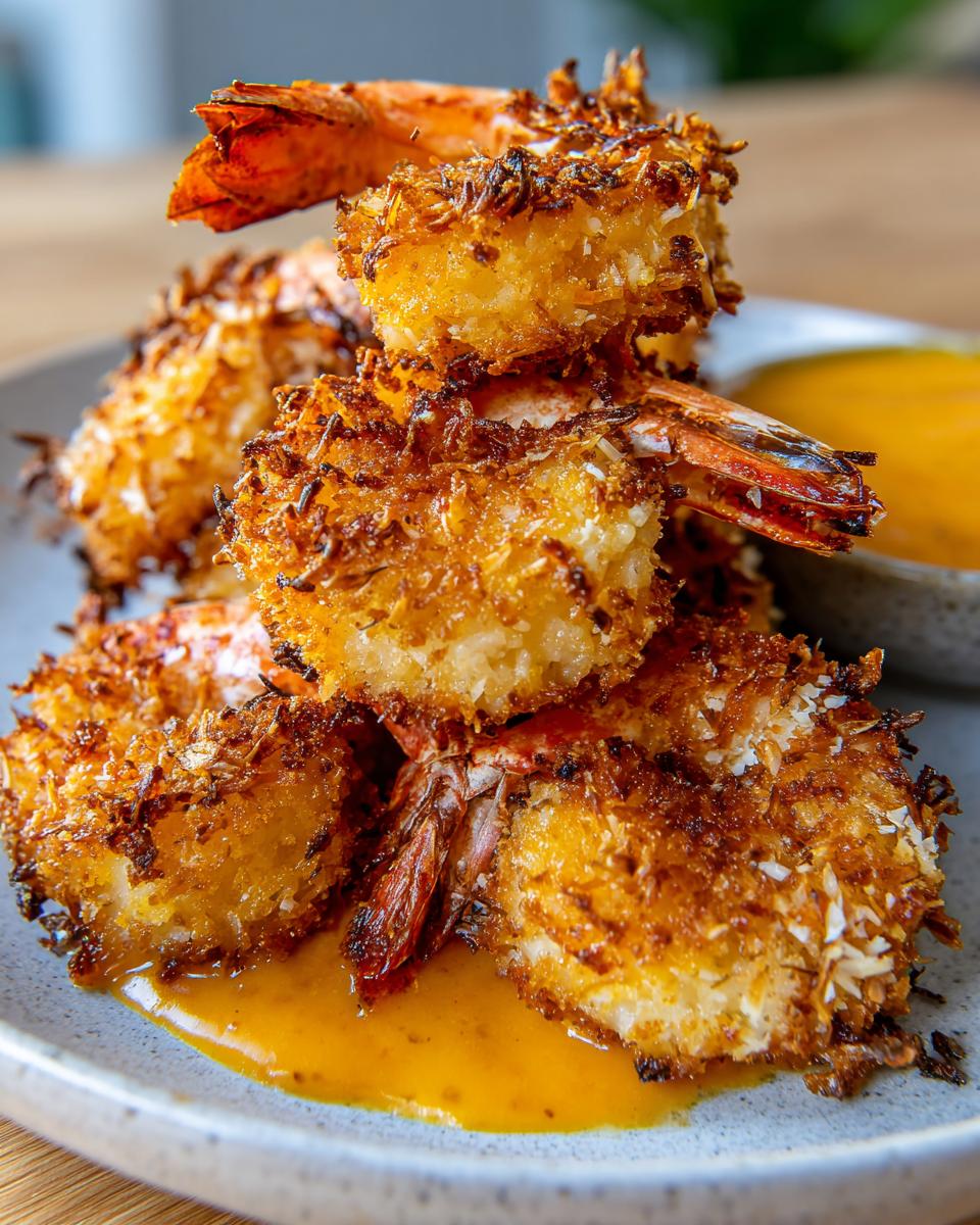 A stack of golden brown, crispy coconut shrimp resting in a pool of orange dipping sauce on a light gray plate.