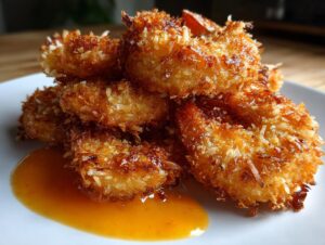A stack of golden brown, crispy coconut shrimp served on a white plate with a pool of orange dipping sauce.