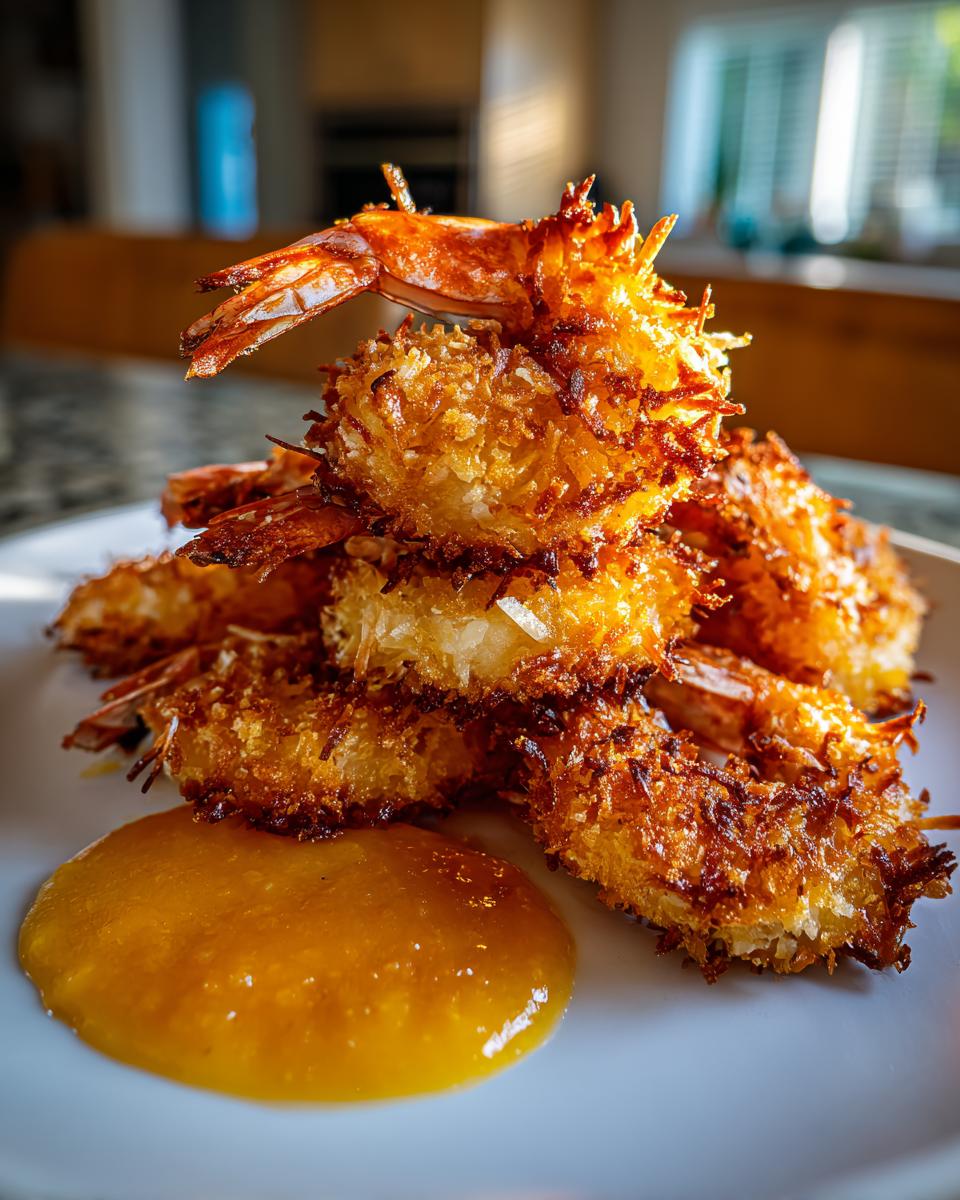 A stack of golden brown, crispy coconut shrimp served with a dollop of bright orange dipping sauce on a white plate.