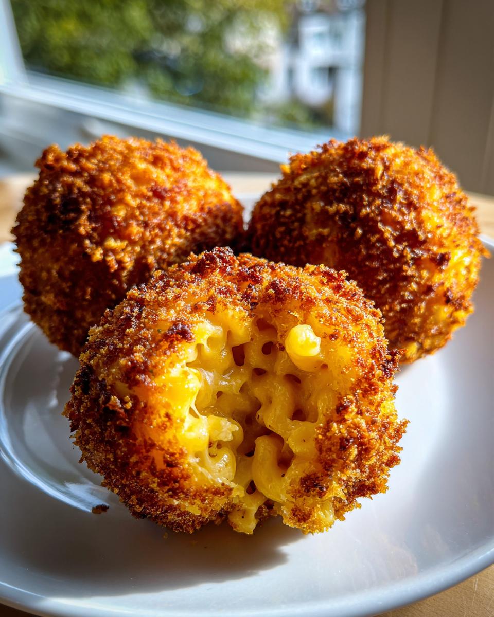 Three golden brown fried mac and cheese balls, one cut open showing gooey macaroni inside.