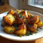 A close-up of golden, crispy Mexican potatoes seasoned and topped with fresh chopped parsley on a white plate.