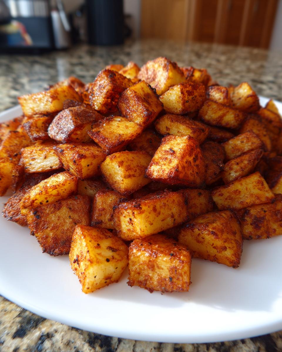 A close-up of perfectly crispy, golden-brown seasoned breakfast potatoes piled on a white plate.