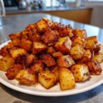 A mound of perfectly crispy, golden brown breakfast potatoes seasoned with spices, served on a white plate.