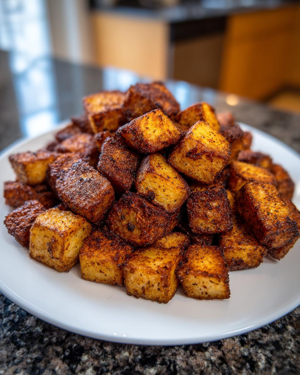 A mound of perfectly seasoned and crispy breakfast potatoes piled high on a white plate.