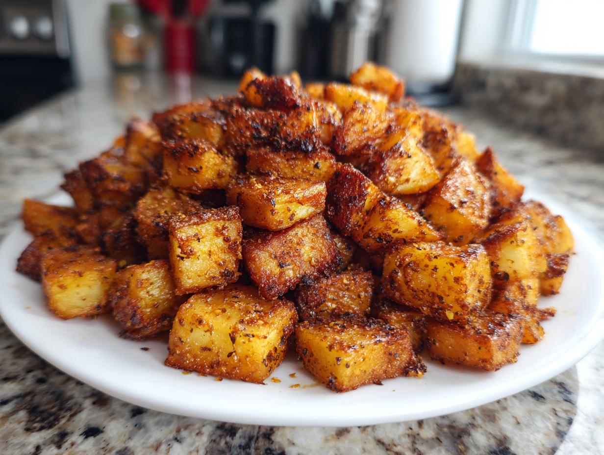 A mound of perfectly crispy, golden-brown breakfast potatoes seasoned heavily with spices, served on a white plate.