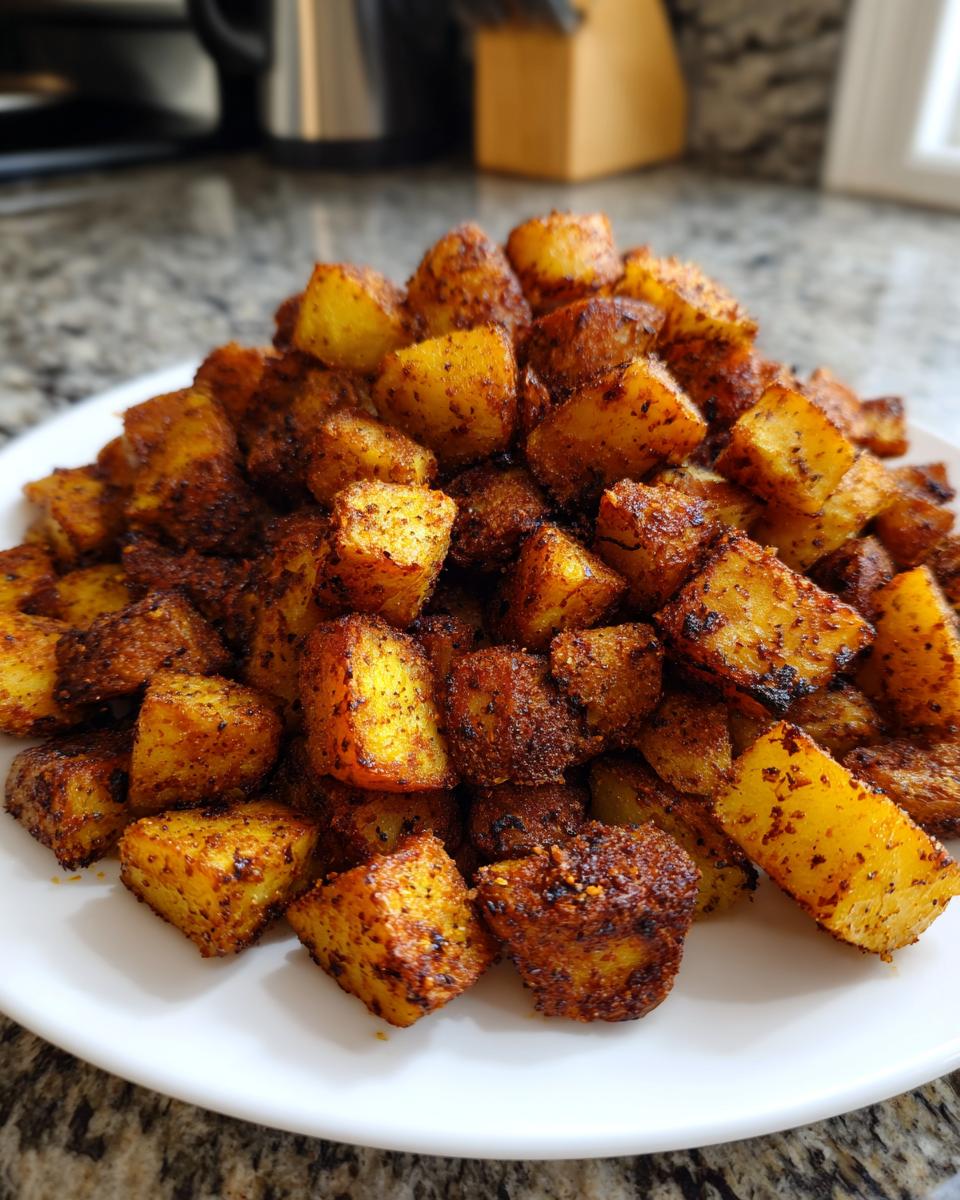 A close-up of perfectly crispy, golden-brown seasoned breakfast potatoes piled high on a white plate.