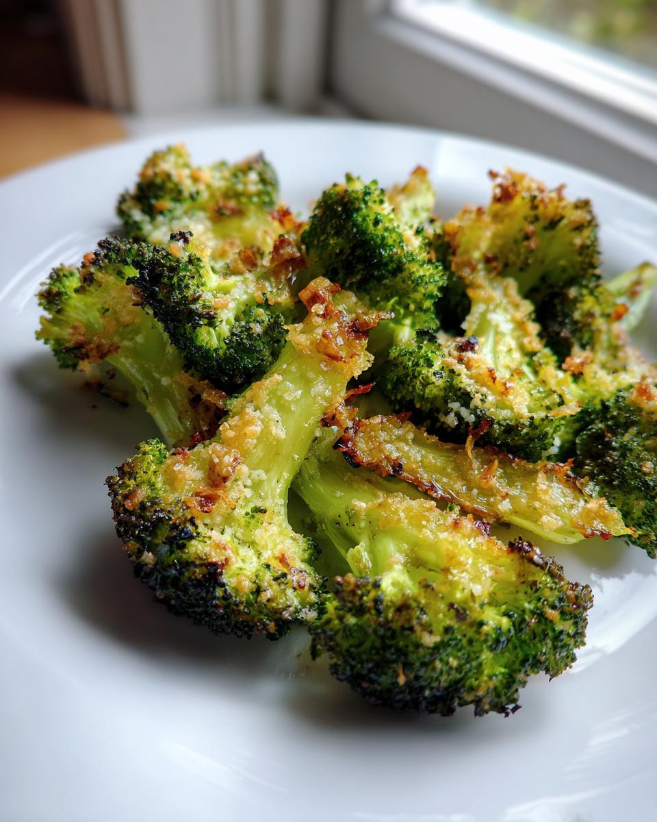 Close-up of perfectly crispy smashed broccoli florets topped with golden brown breadcrumbs served on a white plate.
