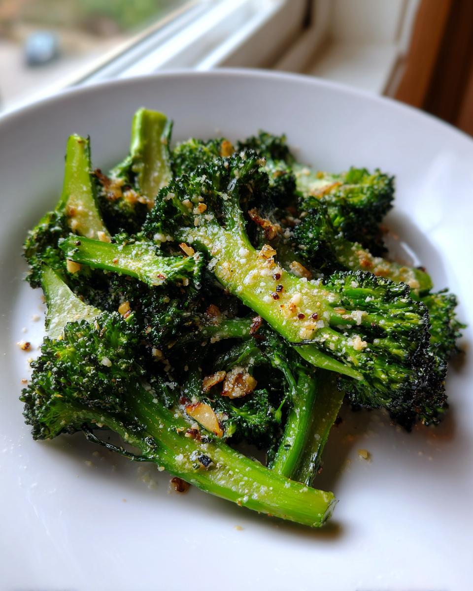 Close-up of bright green smashed broccoli florets seasoned with cheese and toasted garlic bits.
