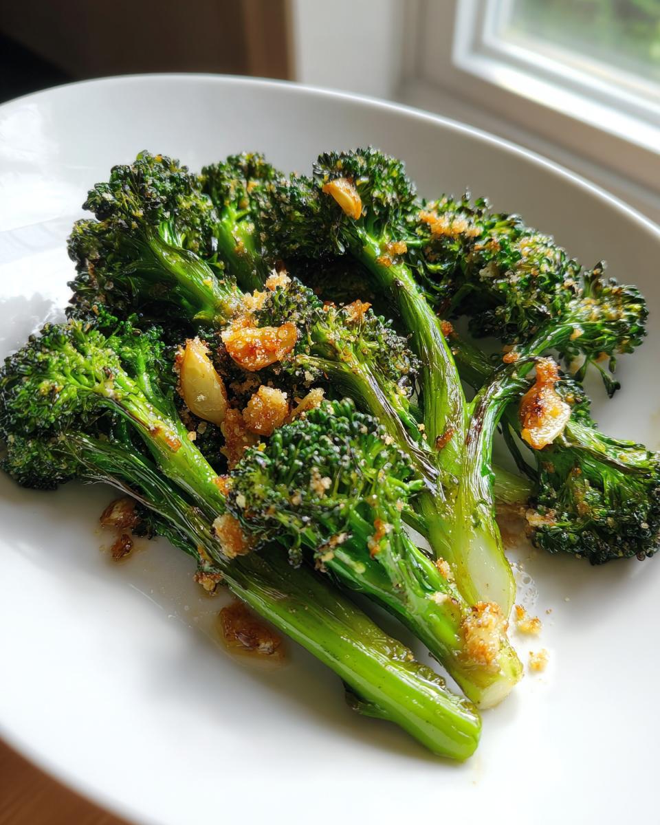 Close-up of perfectly cooked smashed broccoli spears topped with toasted garlic and breadcrumbs on a white plate.