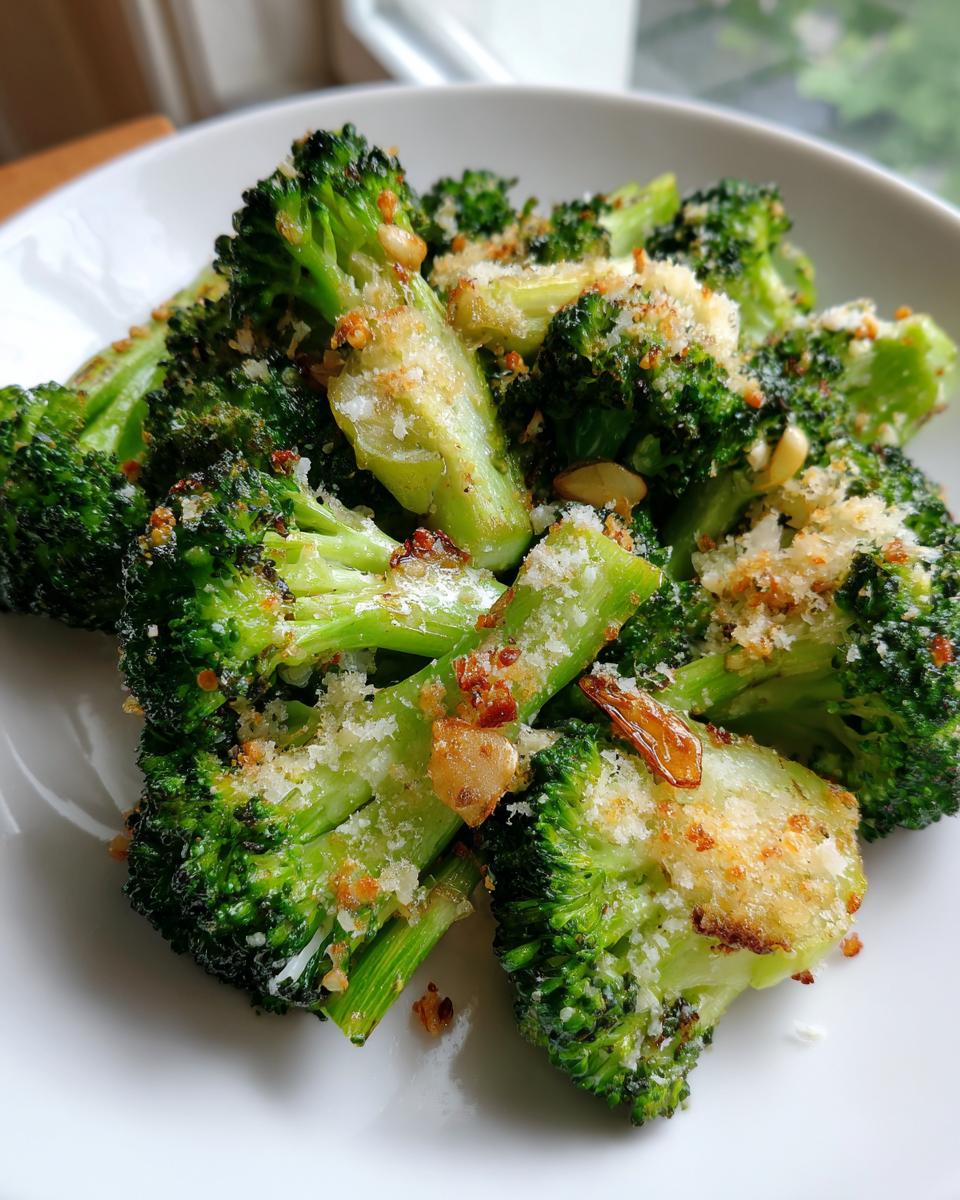 Close-up of crispy smashed broccoli florets topped with grated Parmesan cheese and toasted garlic.