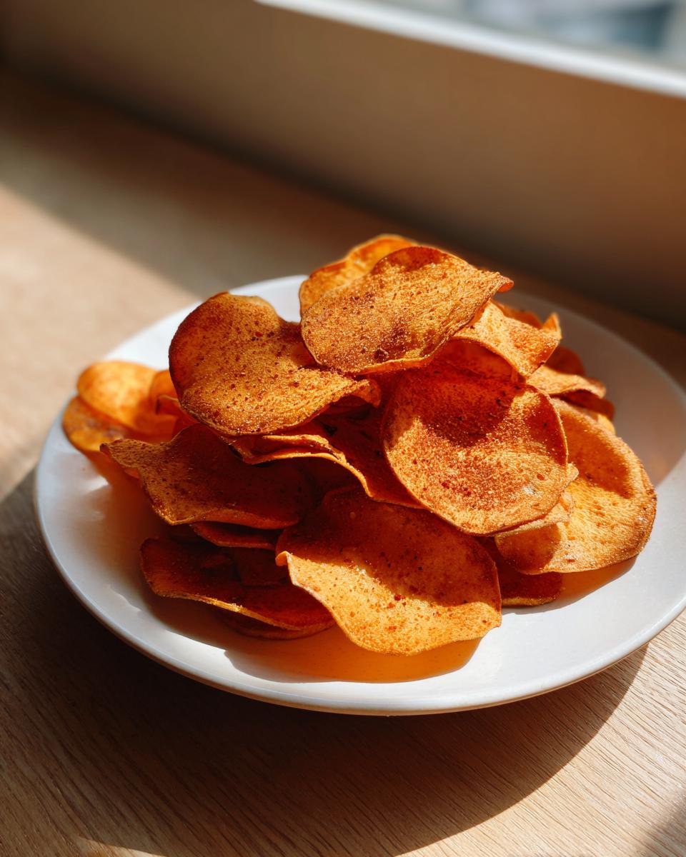 A pile of perfectly crispy, seasoned sweet potato chips served on a white plate, highlighted by natural sunlight.